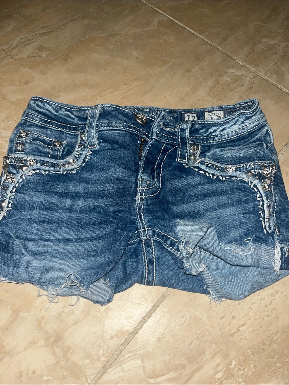 Miss Me Embellished Distressed Denim Shorts - Dark Blue